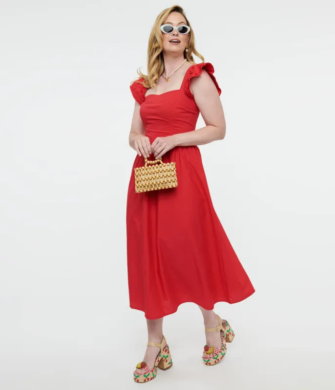 Y2K Red Flutter Sleeve Poplin Midi Dress sold by Unique Vintage