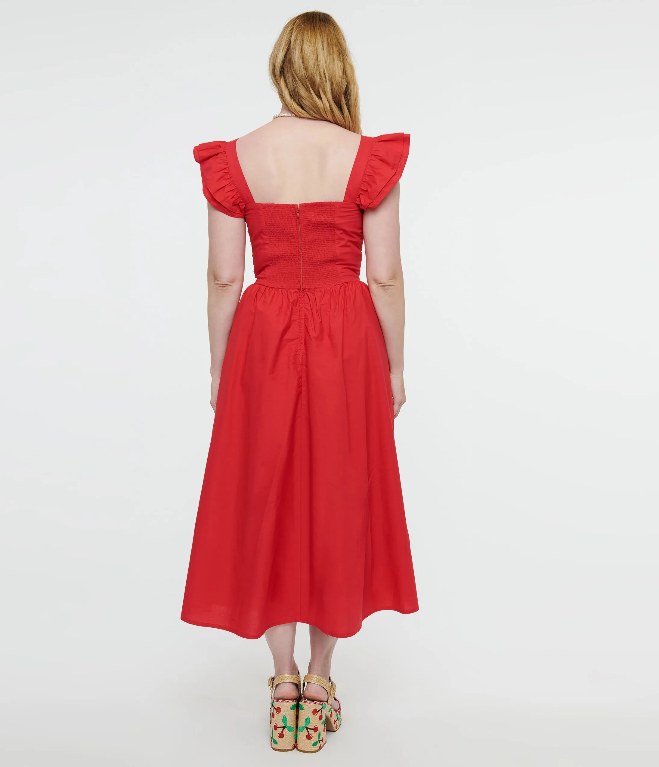 Y2K Red Flutter Sleeve Poplin Midi Dress sold by Unique Vintage product image thumbnail 2