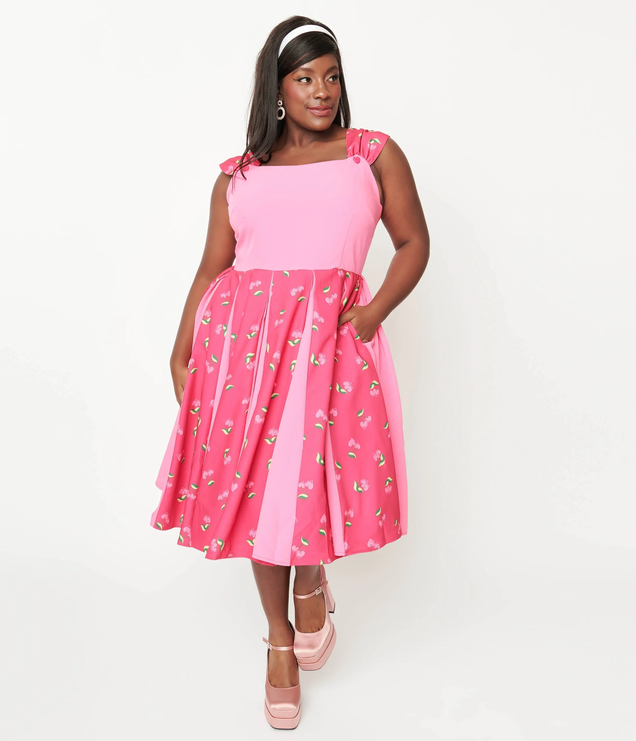 Unique Vintage Plus Size Hot Pink & Heart Cherry Stripe Swing Dress sold by Unique Vintage product image thumbnail 2
