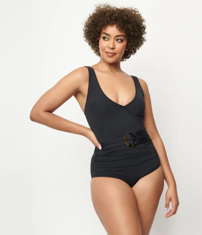 Kingdom & State 1950s Black Belted One Piece Swimsuit sold by Unique Vintage