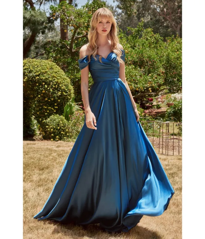 Ladivine by Cinderella Divine French Navy Satin Off The Shoulder Bridesmaid Gown sold by Unique Vintage
