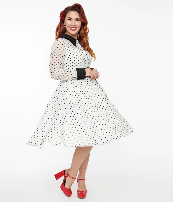 Unique Vintage 1950s Ivory & Black Polka Dot Tulle Swing Dress sold by Unique Vintage