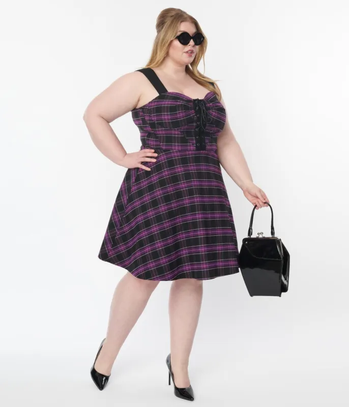 Unique Vintage Plus Size Purple Plaid Corset Flare Dress sold by Unique Vintage