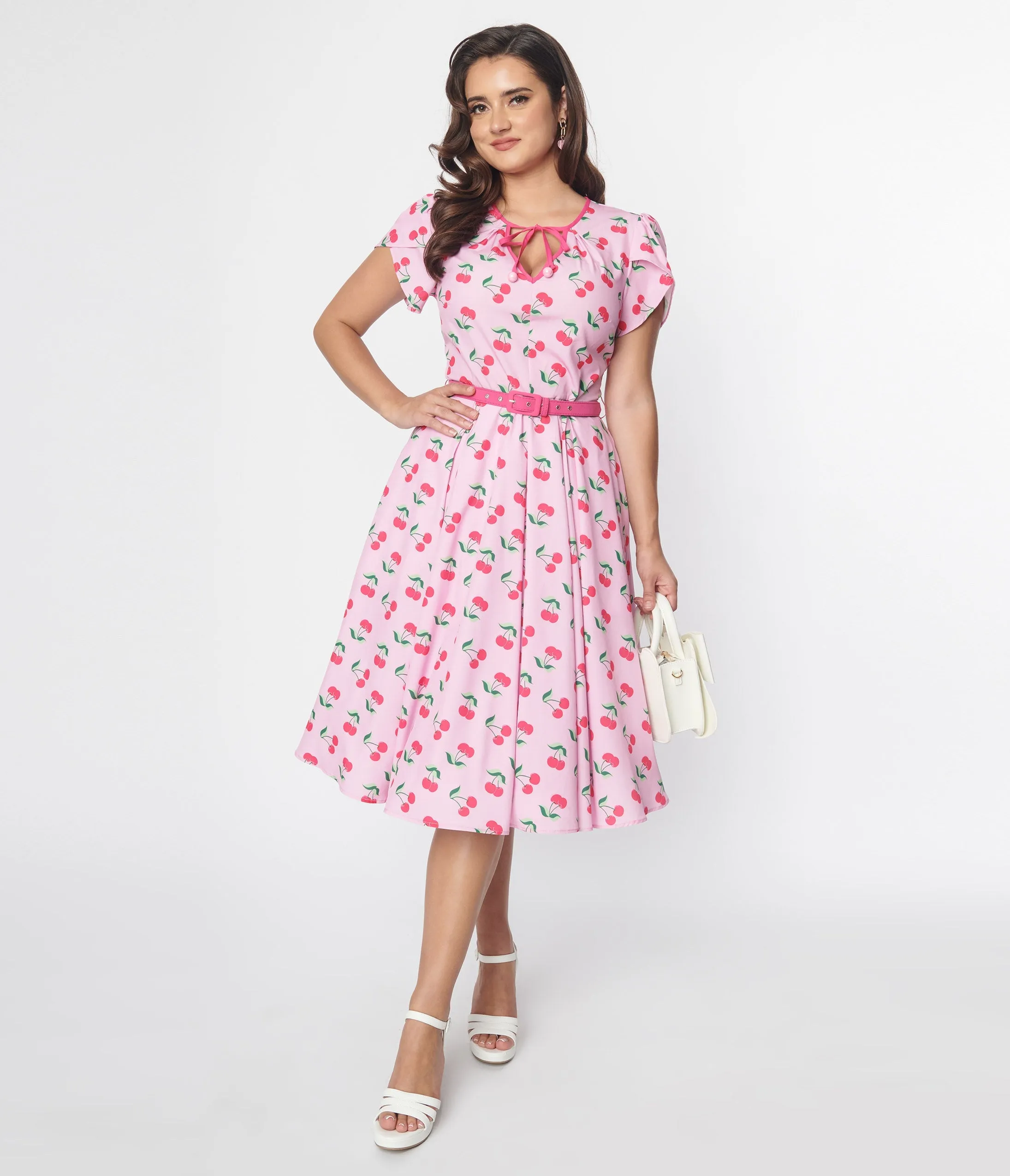 Unique Vintage Lavender & Hot Pink Cherry Print Dahlia Swing Dress sold by Unique Vintage