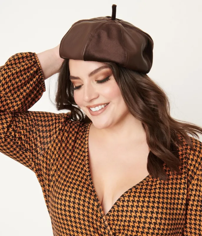 Unique Vintage Brown Leather & Suede Beret sold by Unique Vintage