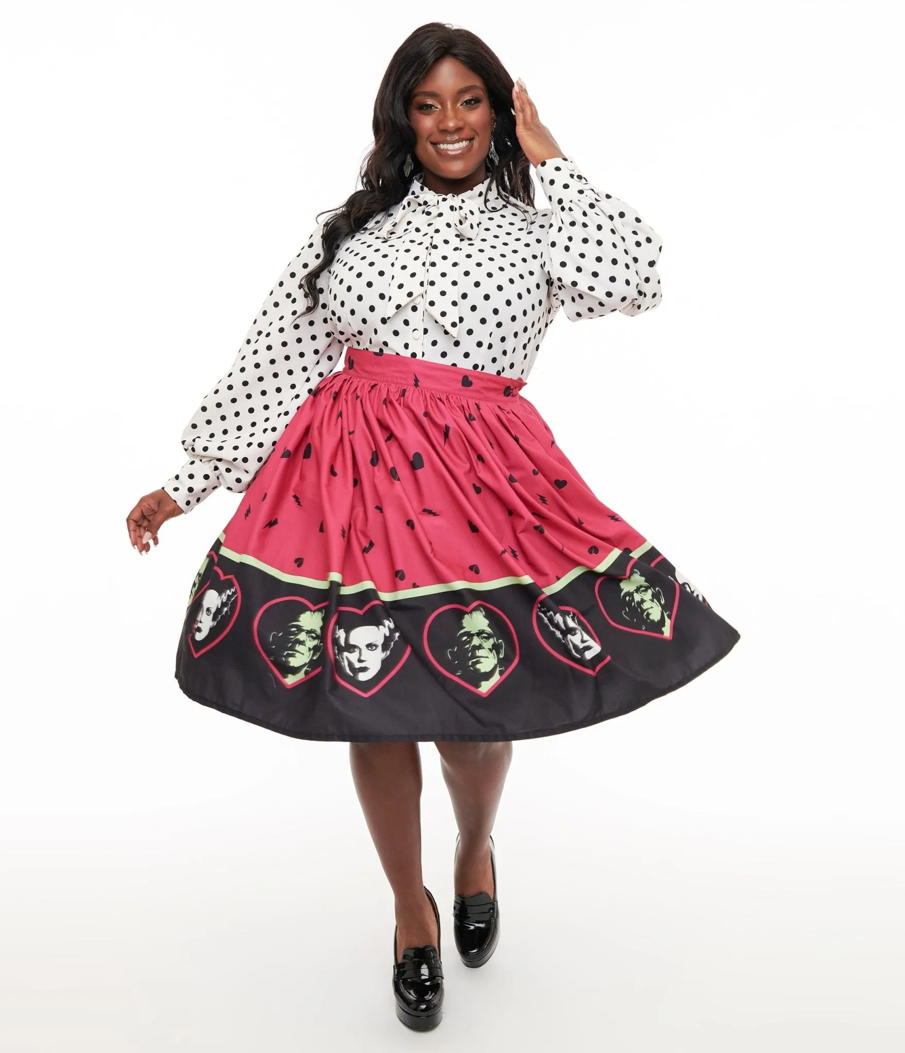 Universal Monsters x Unique Vintage Plus Size Frankenstein & Bride Of Frankenstein Border Gellar Swing Skirt sold by Unique Vintage