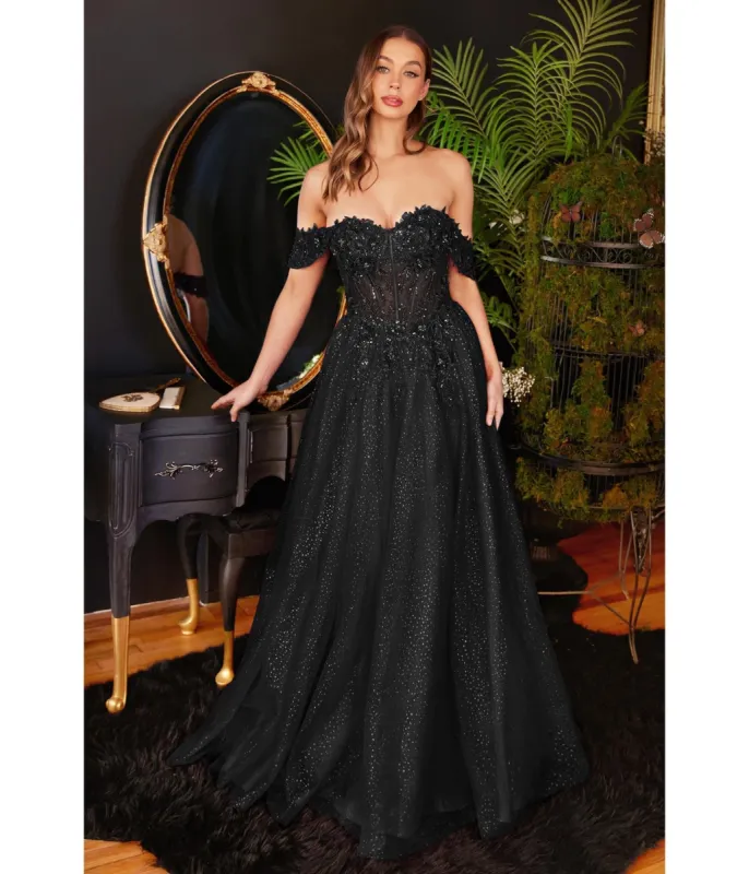 Cinderella Divine  Black Glitter Lace & Tulle Embellished Off The Shoulder Prom Gown sold by Unique Vintage