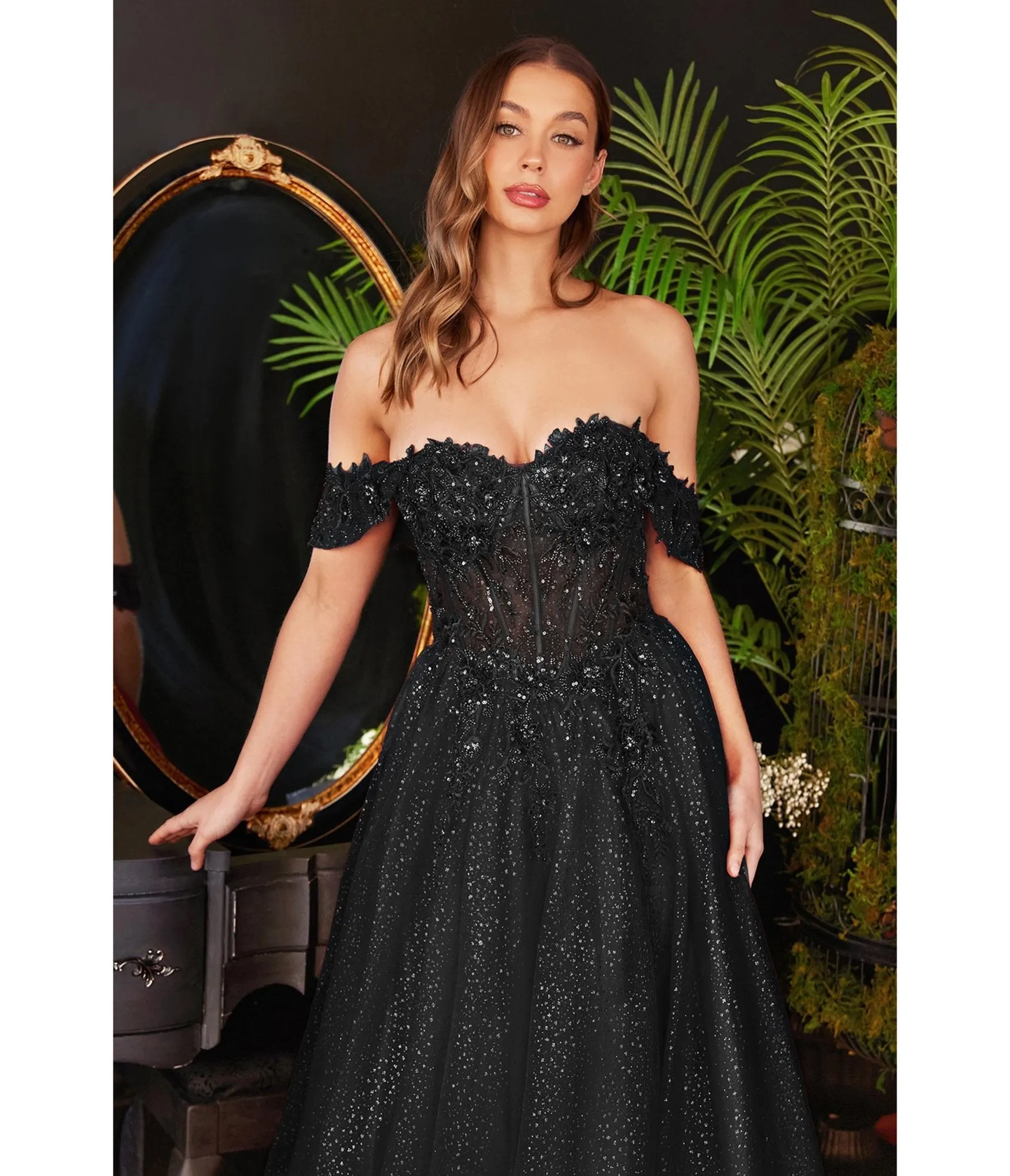 Cinderella Divine Black Glitter Lace & Tulle Embellished Off The Shoulder Prom Gown sold by Unique Vintage product image thumbnail 2