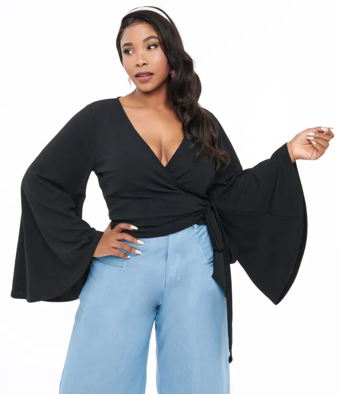Smak Parlour Plus Size Black Bell Sleeve Wrap Top sold by Unique Vintage