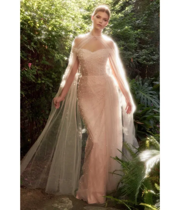 Cinderella Divine  Blush Pearl Pleated Tulle Fairytale Gown with Cape sold by Unique Vintage