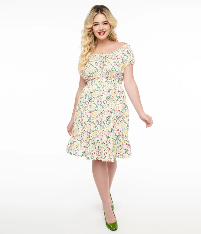 1950s White & Rainbow Fruit Print Fit & Flare Dress sold by Unique Vintage