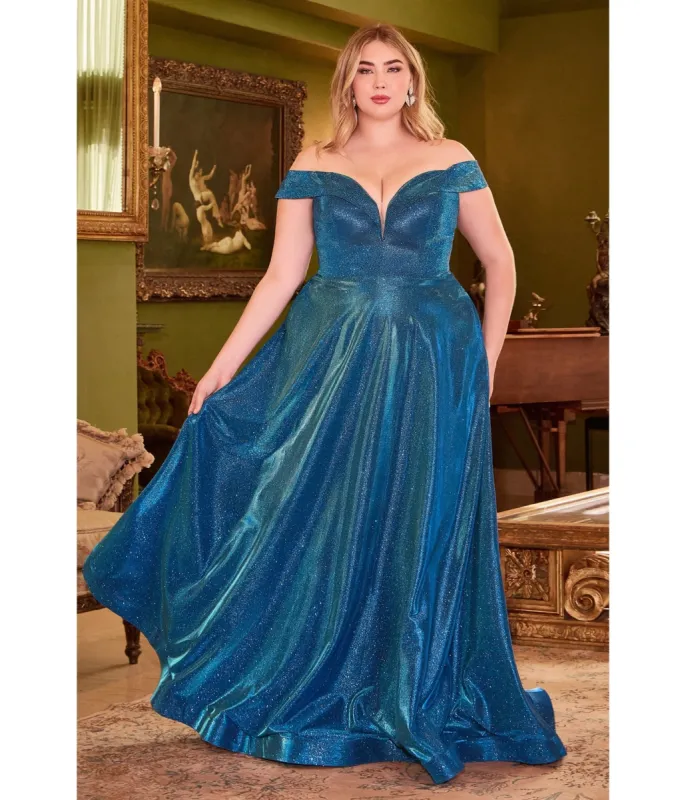 Ladivine by Cinderella Divine Plus Size Metallic Blue Off The Shoulder Bridesmaid Gown sold by Unique Vintage
