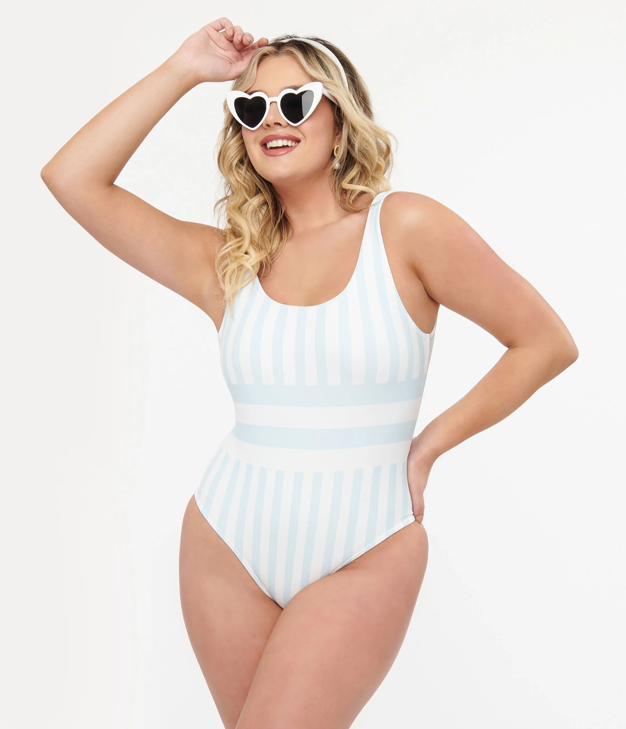 Light Blue & White Stripe One Piece Swimsuit sold by Unique Vintage