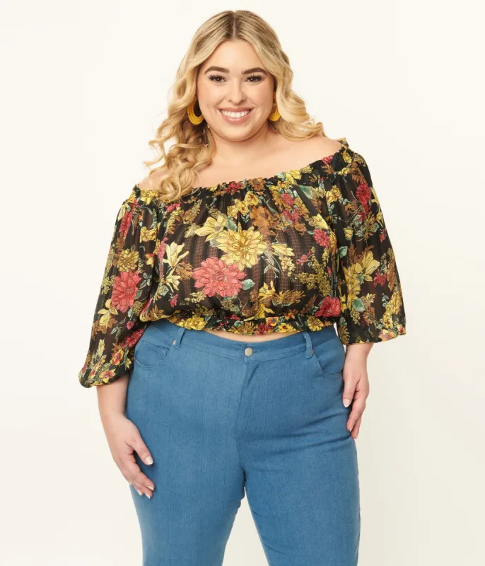 Unique Vintage Plus Size 1970s Black Floral Print Sweet Stuff Crop Top sold by Unique Vintage