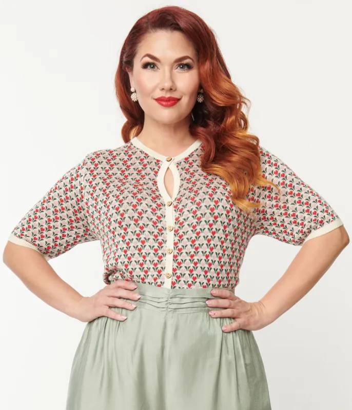 Plus Size 1970s Pink & Red Heart Flowers Cardigan sold by Unique Vintage