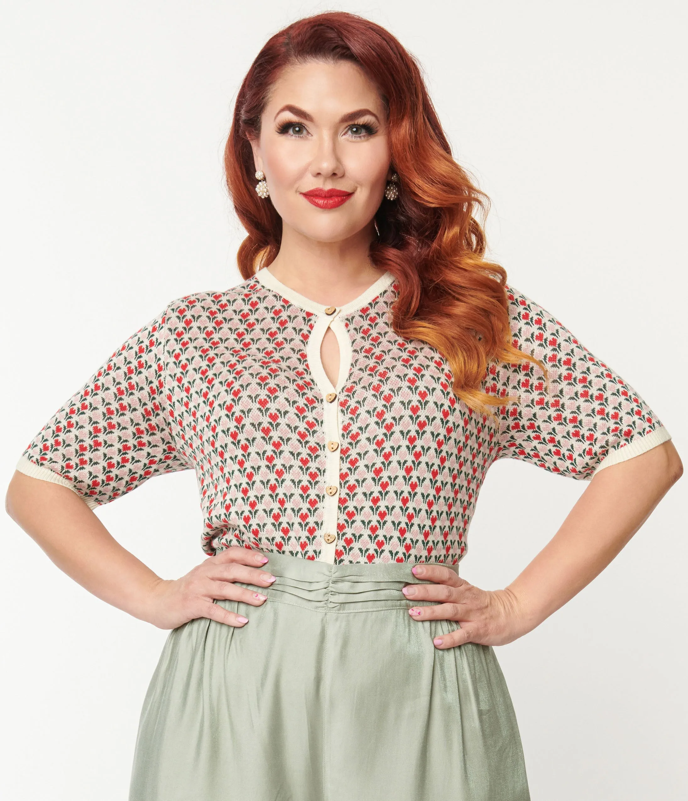 Plus Size 1970s Pink & Red Heart Flowers Cardigan sold by Unique Vintage