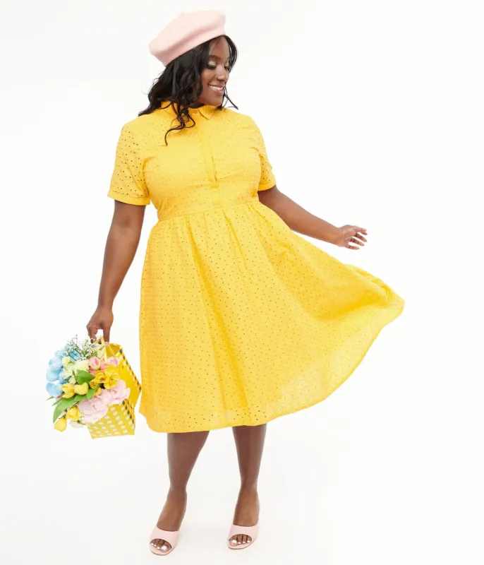 Plus Size 1950s Marigold Eyelet Cotton Harlow Dress sold by Unique Vintage