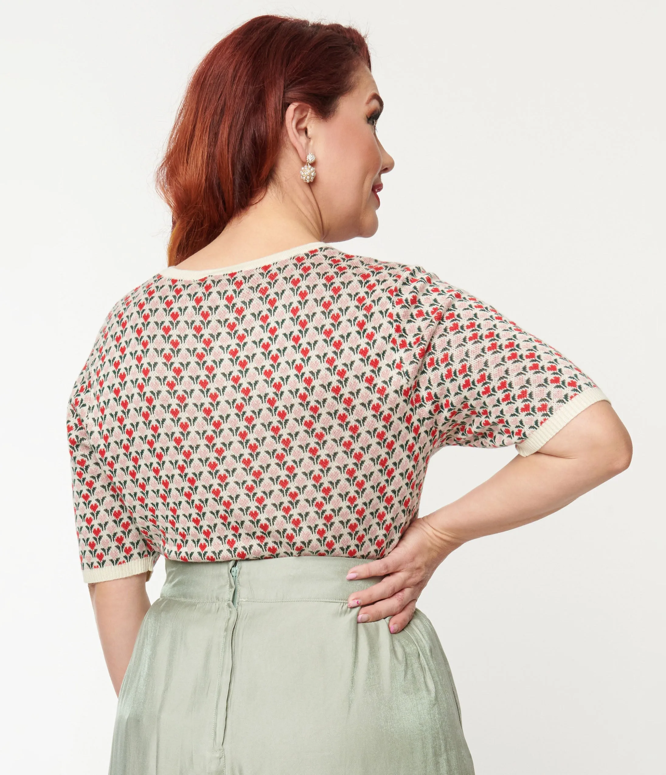 Plus Size 1970s Pink & Red Heart Flowers Cardigan sold by Unique Vintage product image thumbnail 3