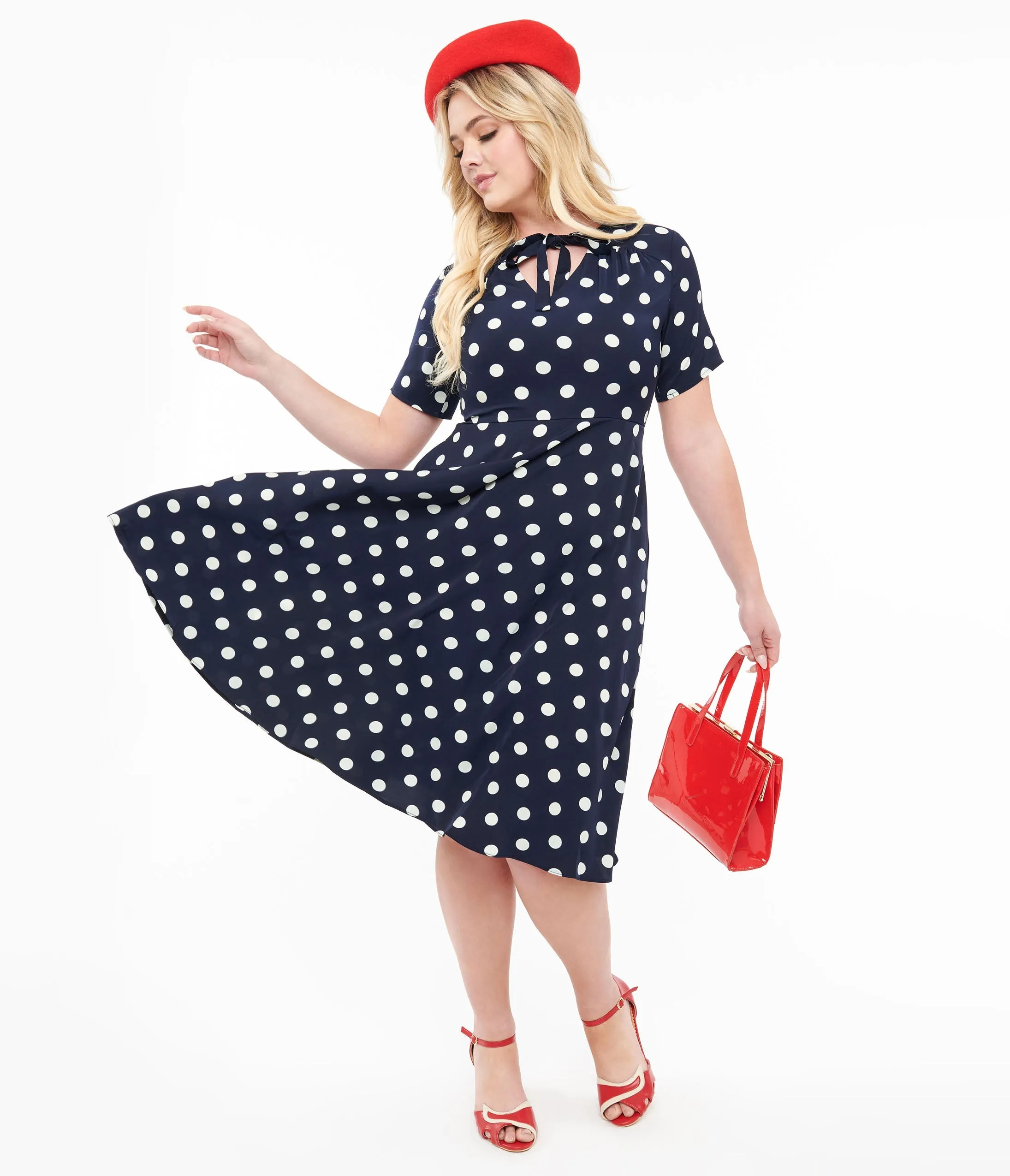 1940s Navy & White Polka Dot Set Sail Swing Dress sold by Unique Vintage