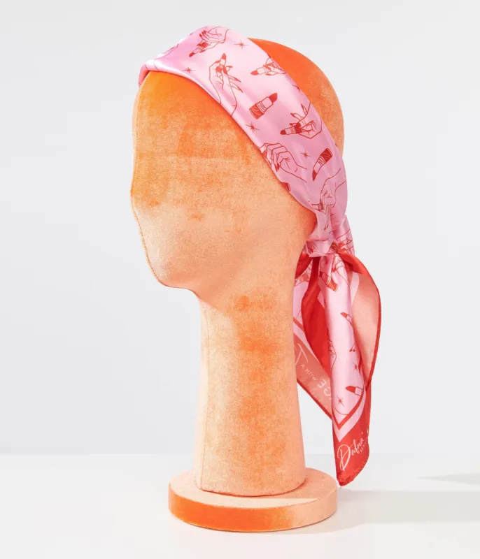 1950s Pink & Red Lipstick Print Satin Hair Scarf sold by Unique Vintage