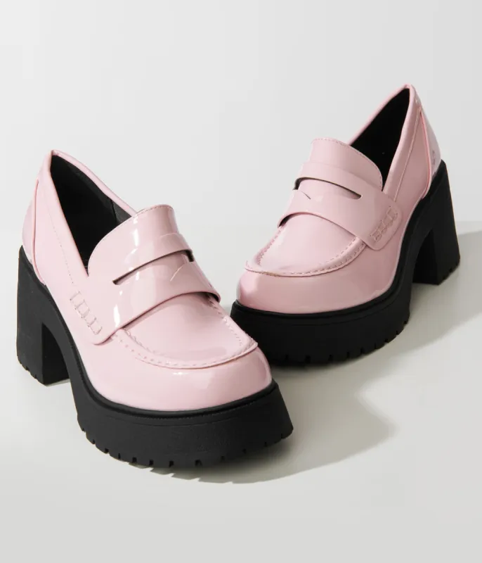 Pink Patent Leatherette Platform Loafers sold by Unique Vintage