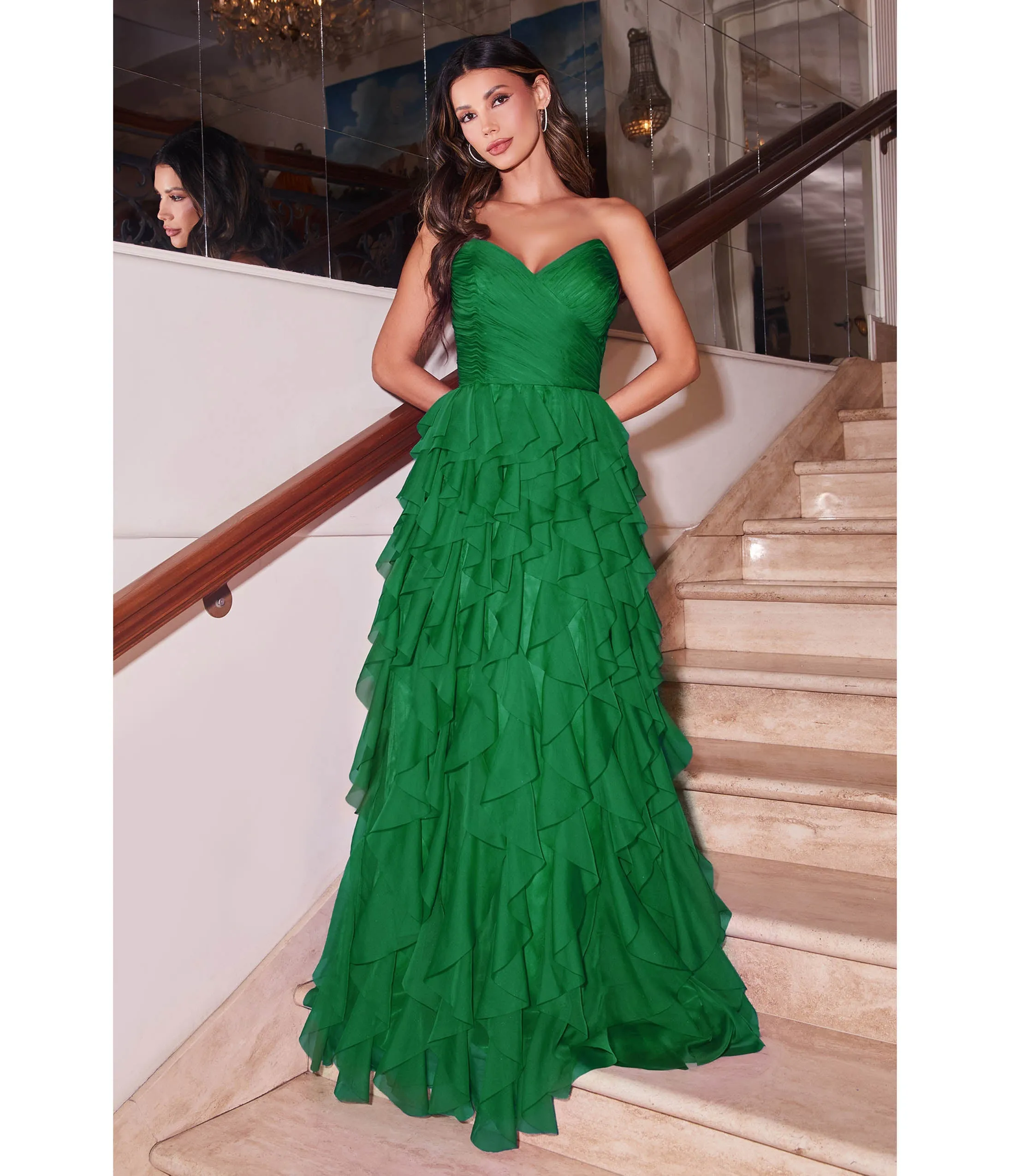 Cinderella Divine Emerald Feather Floor Length Prom Gown sold by Unique Vintage