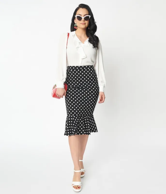 Black & White Polka Dot Ruffled Hem Pencil Skirt sold by Unique Vintage