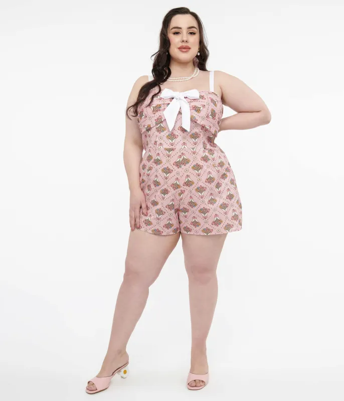 Pusheen x Unique Vintage Plus Size Pink Pusheen Floral Bouquet Print Rae Romper sold by Unique Vintage