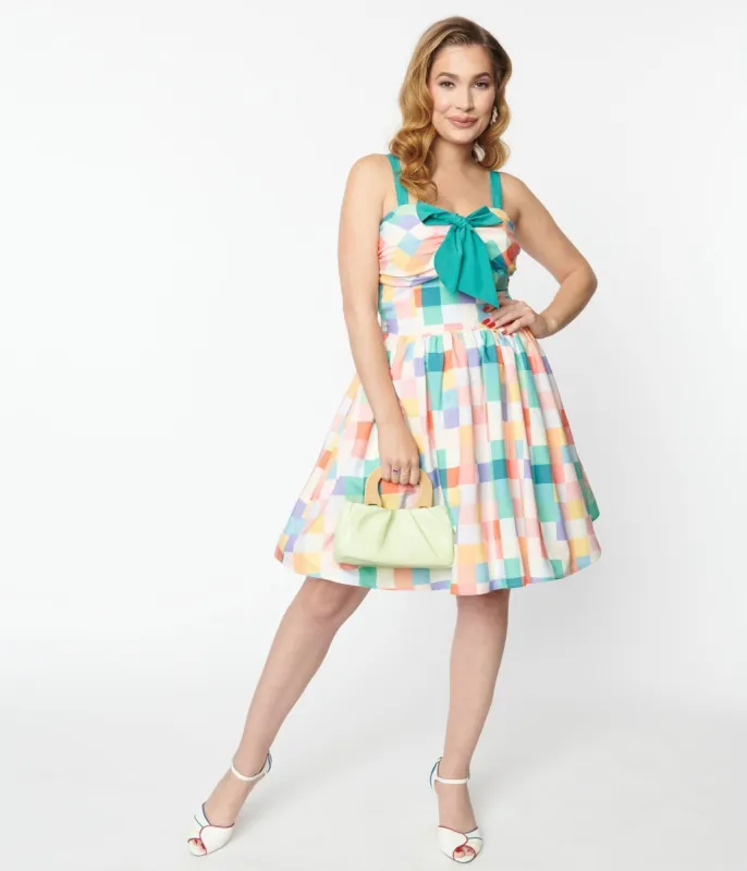 Unique Vintage Pastel Rainbow Checkered Golightly Flare Dress sold by Unique Vintage