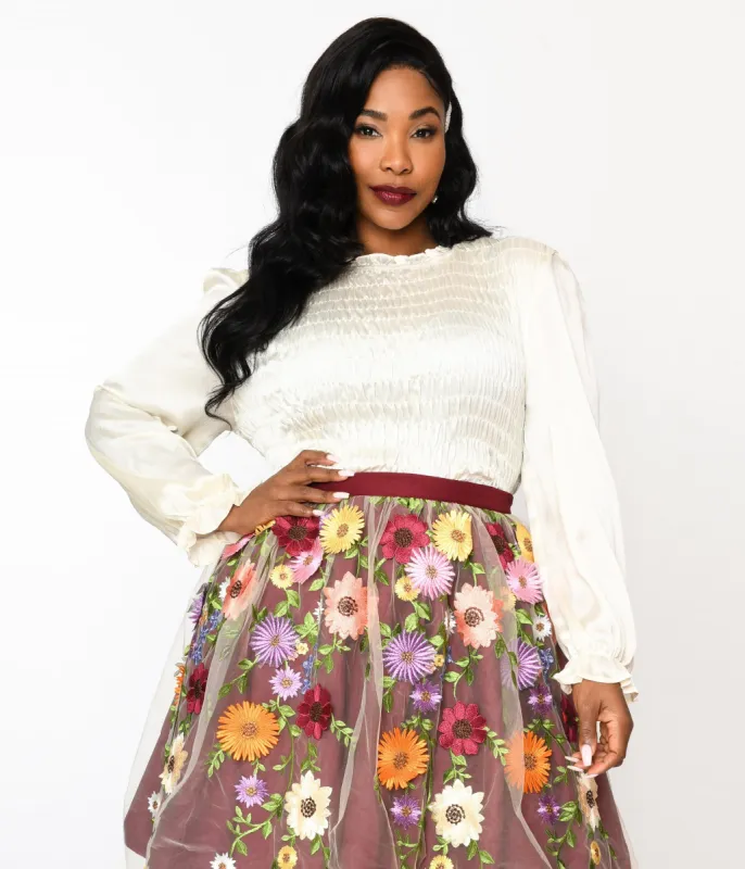 1970s Ivory Satin Smocked Ruffle Trim Blouse sold by Unique Vintage