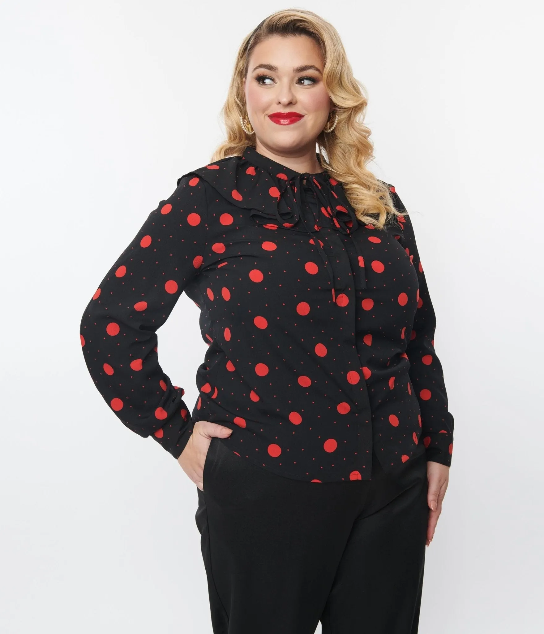 Plus Size Black & Red Polka Dot Ruffle Collared Blouse sold by Unique Vintage product image thumbnail 5