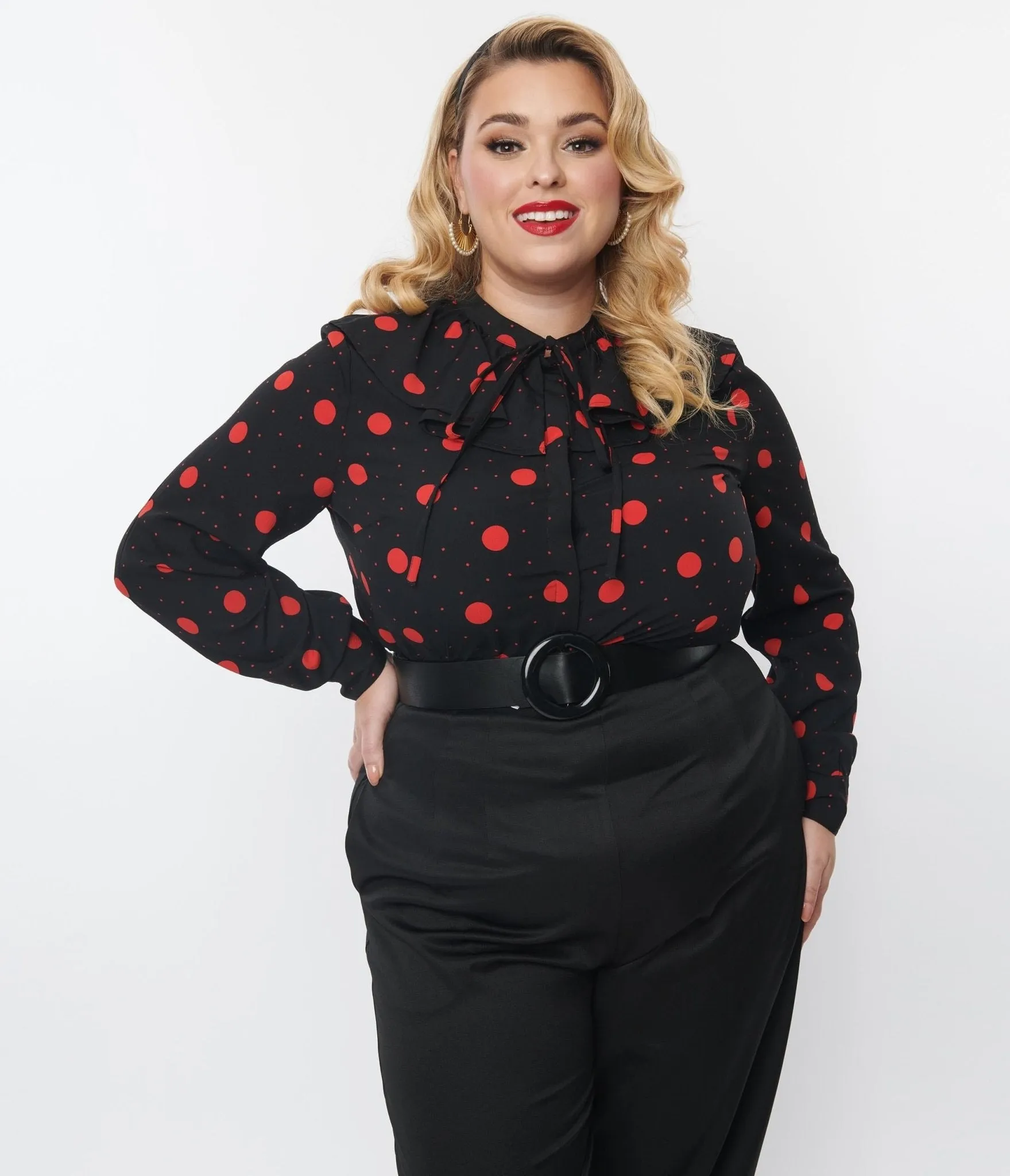 Plus Size Black & Red Polka Dot Ruffle Collared Blouse sold by Unique Vintage product image thumbnail 4