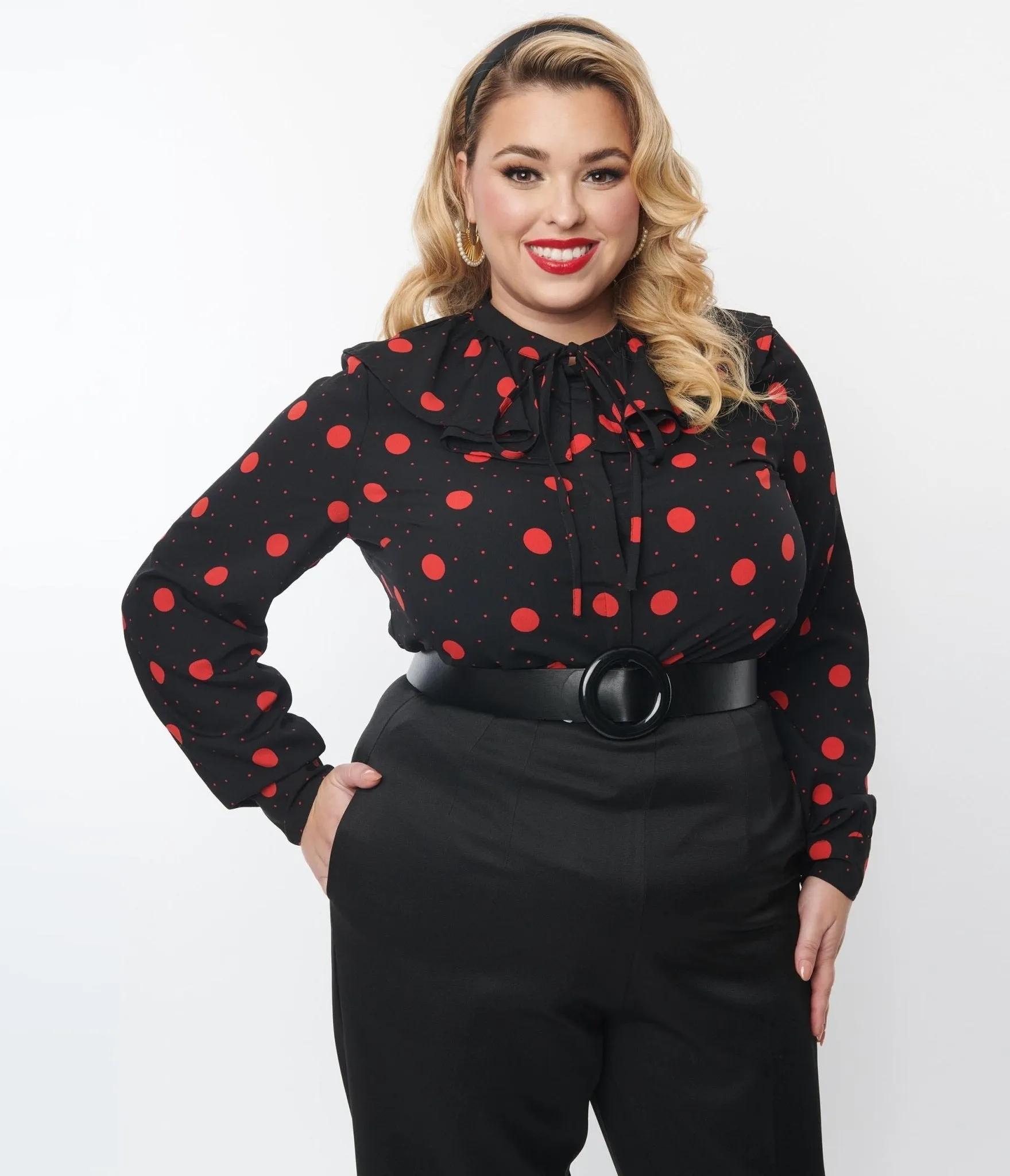 Plus Size Black & Red Polka Dot Ruffle Collared Blouse sold by Unique Vintage