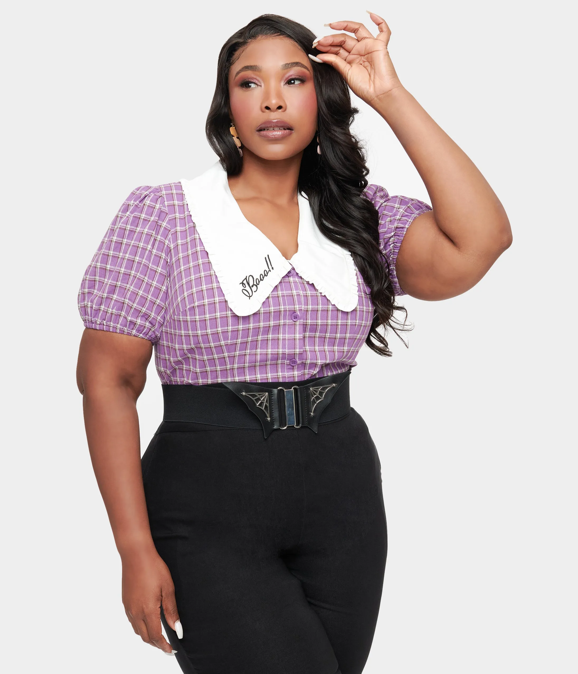Unique Vintage Plus Size 1930s Purple Plaid Oversized Collar Blouse sold by Unique Vintage