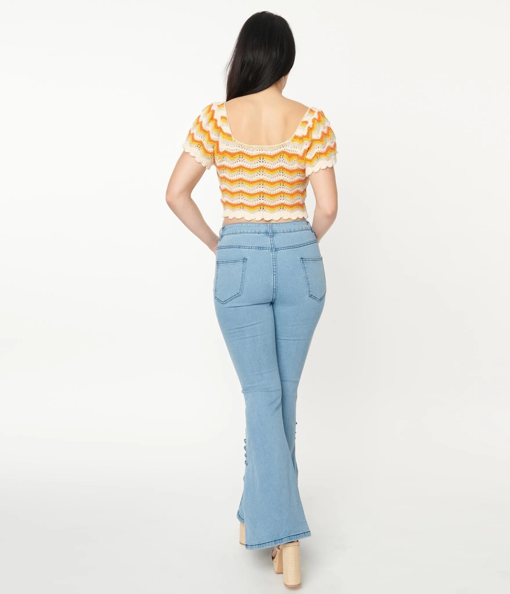 1970s Light Blue Lace Accent Flare Jeans sold by Unique Vintage product image thumbnail 3