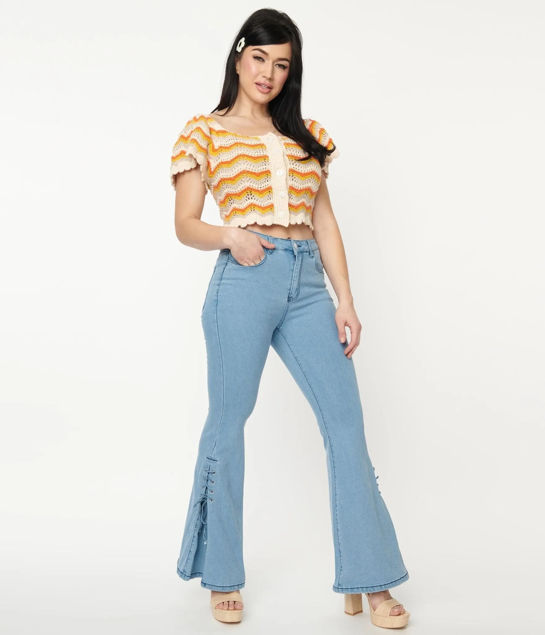 1970s Light Blue Lace Accent Flare Jeans sold by Unique Vintage