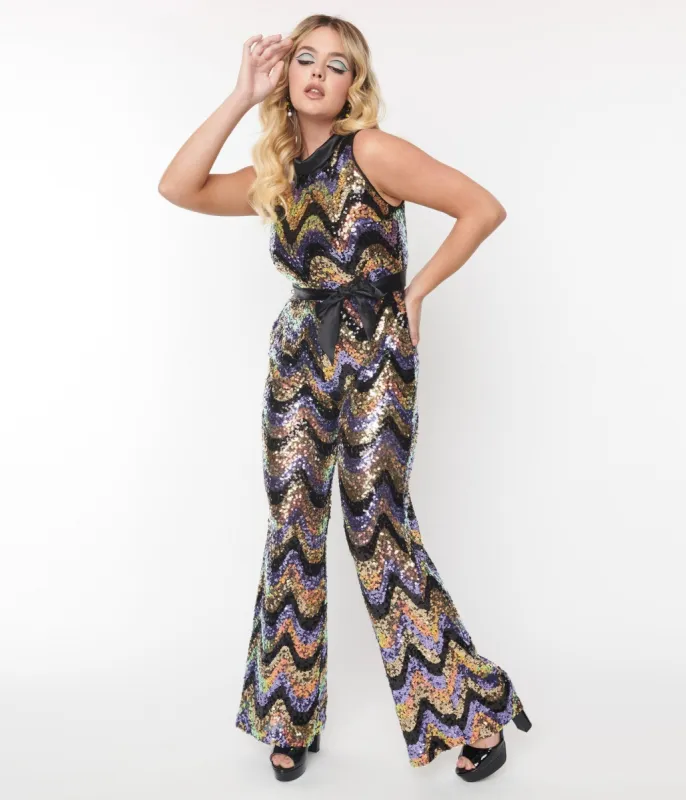 Smak Parlour Multicolor Zig Zag Sequin Cowl Neck Jumpsuit sold by Unique Vintage