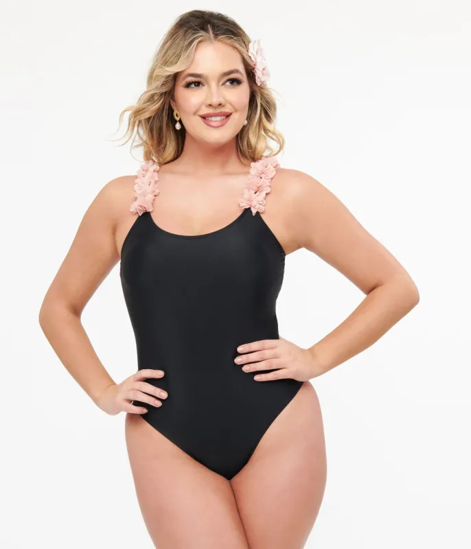 Black & Pink Flower One Piece Swimsuit sold by Unique Vintage