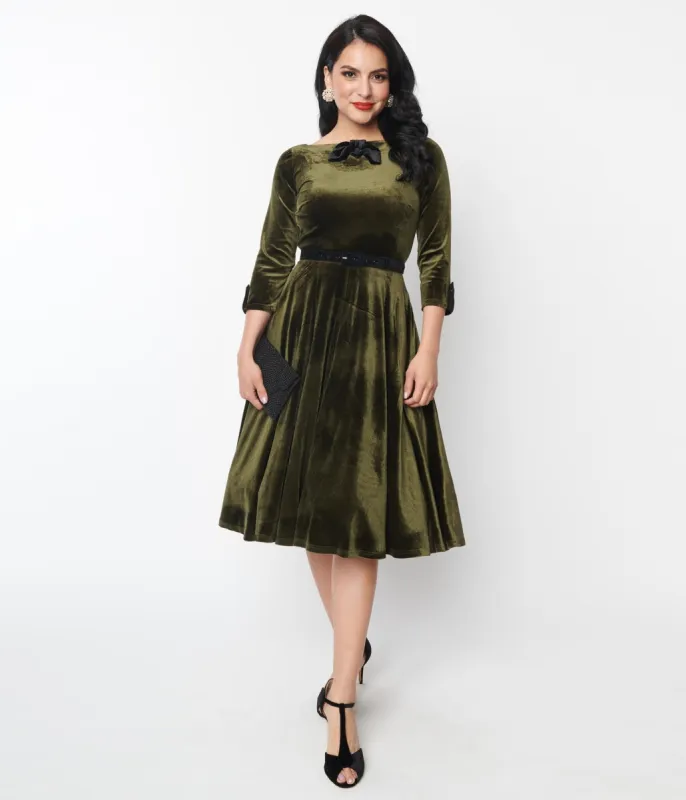Unique Vintage Deep Olive Green Velvet Faux Bow Devon Swing Dress sold by Unique Vintage