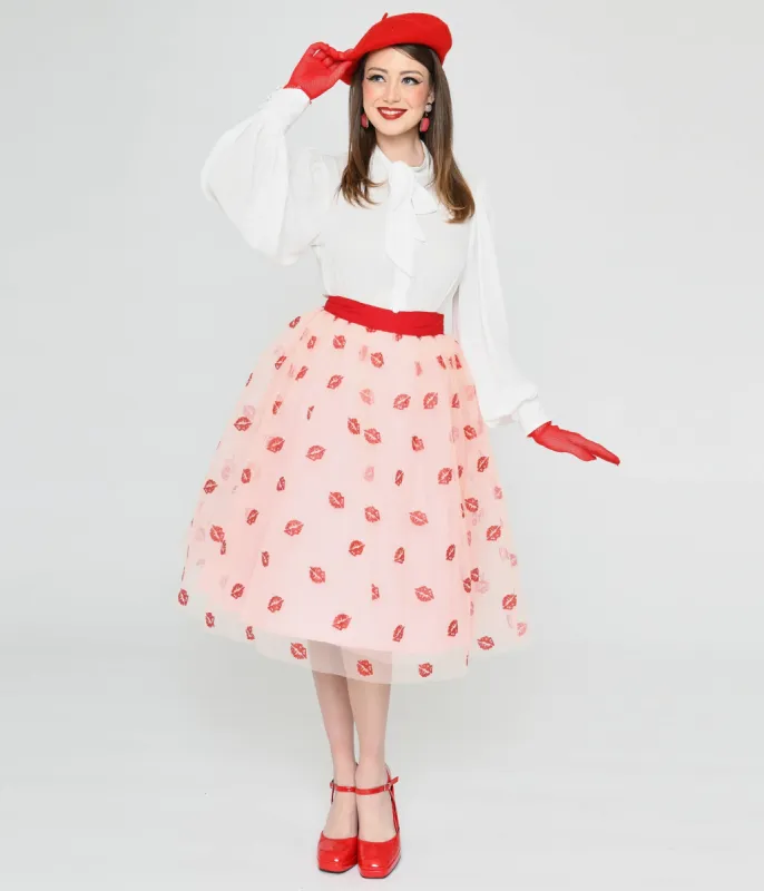 Unique Vintage Pink & Red Glitter Lips Brilliance Swing Skirt sold by Unique Vintage