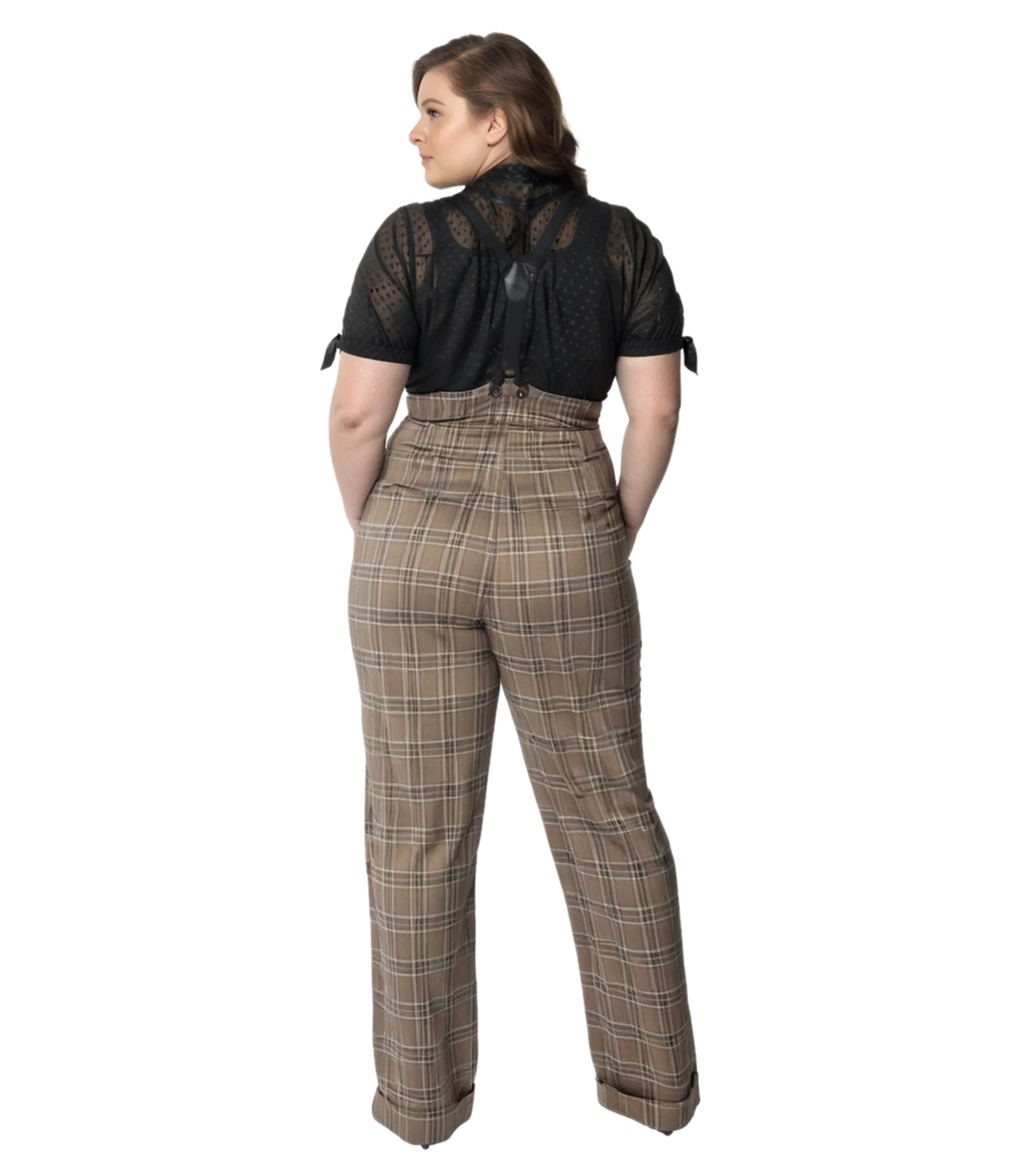Unique Vintage Plus Size 1930s Dark Beige Windowpane Thelma Suspender Pants sold by Unique Vintage product image thumbnail 2