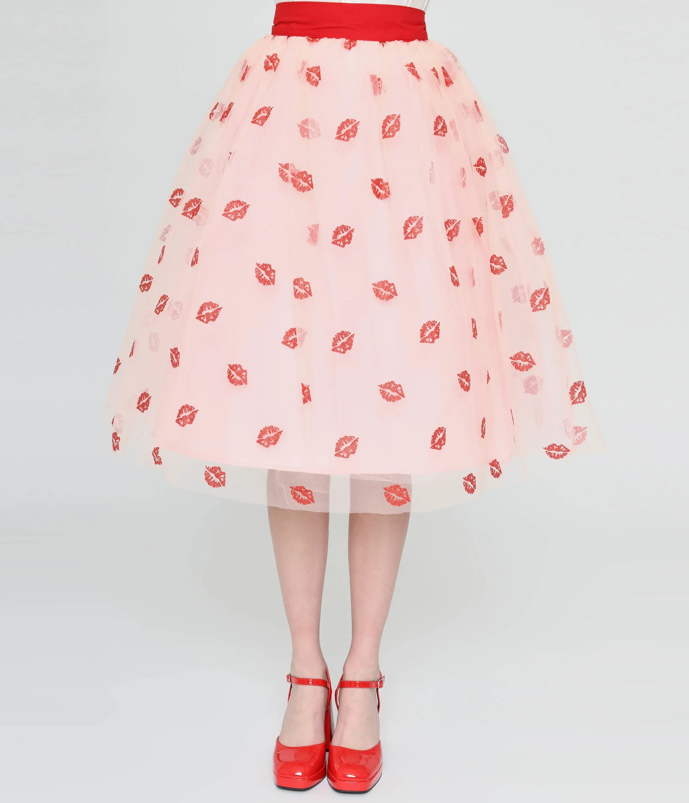 Unique Vintage Pink & Red Glitter Lips Brilliance Swing Skirt sold by Unique Vintage product image thumbnail 2