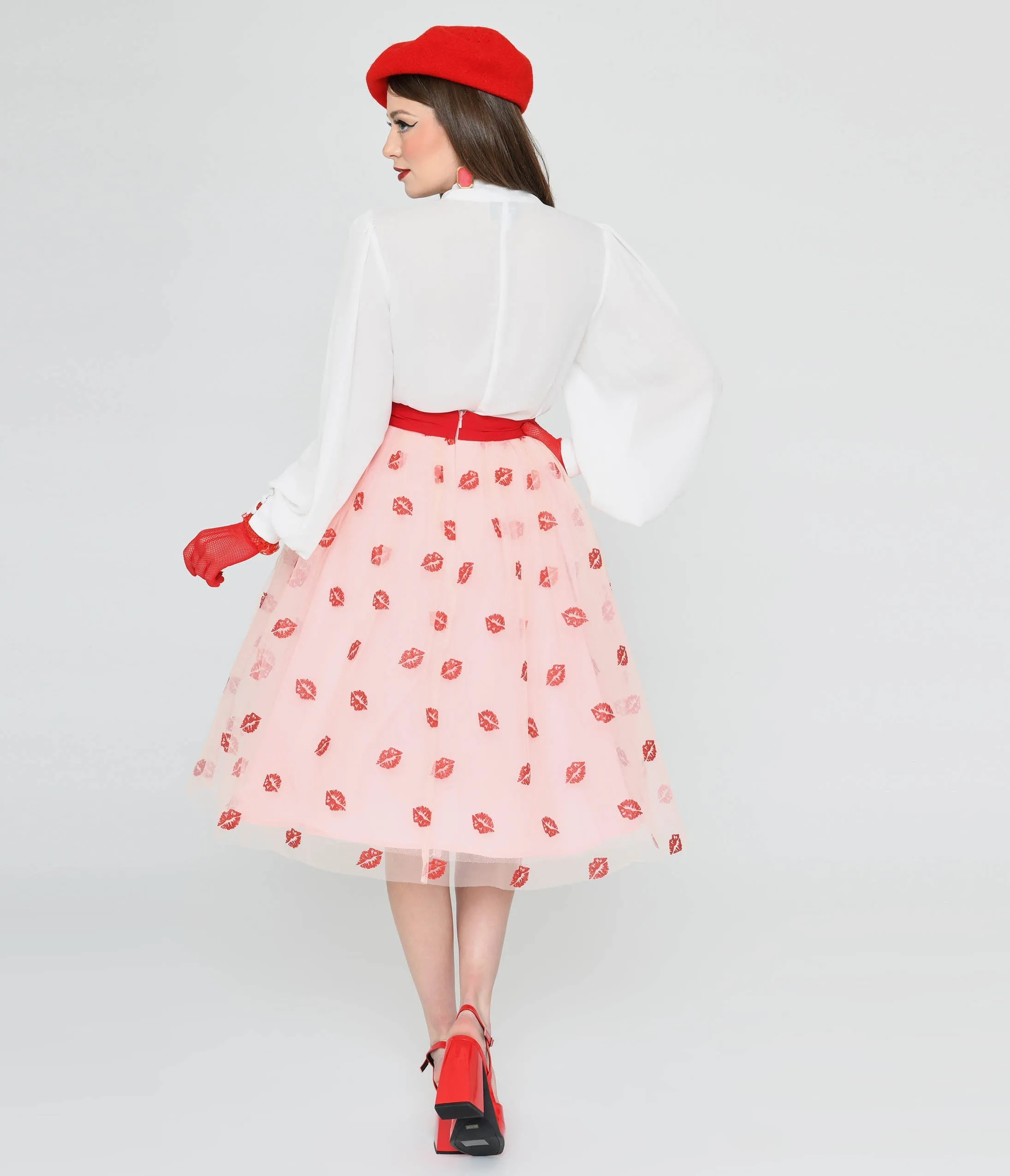 Unique Vintage Pink & Red Glitter Lips Brilliance Swing Skirt sold by Unique Vintage product image thumbnail 3