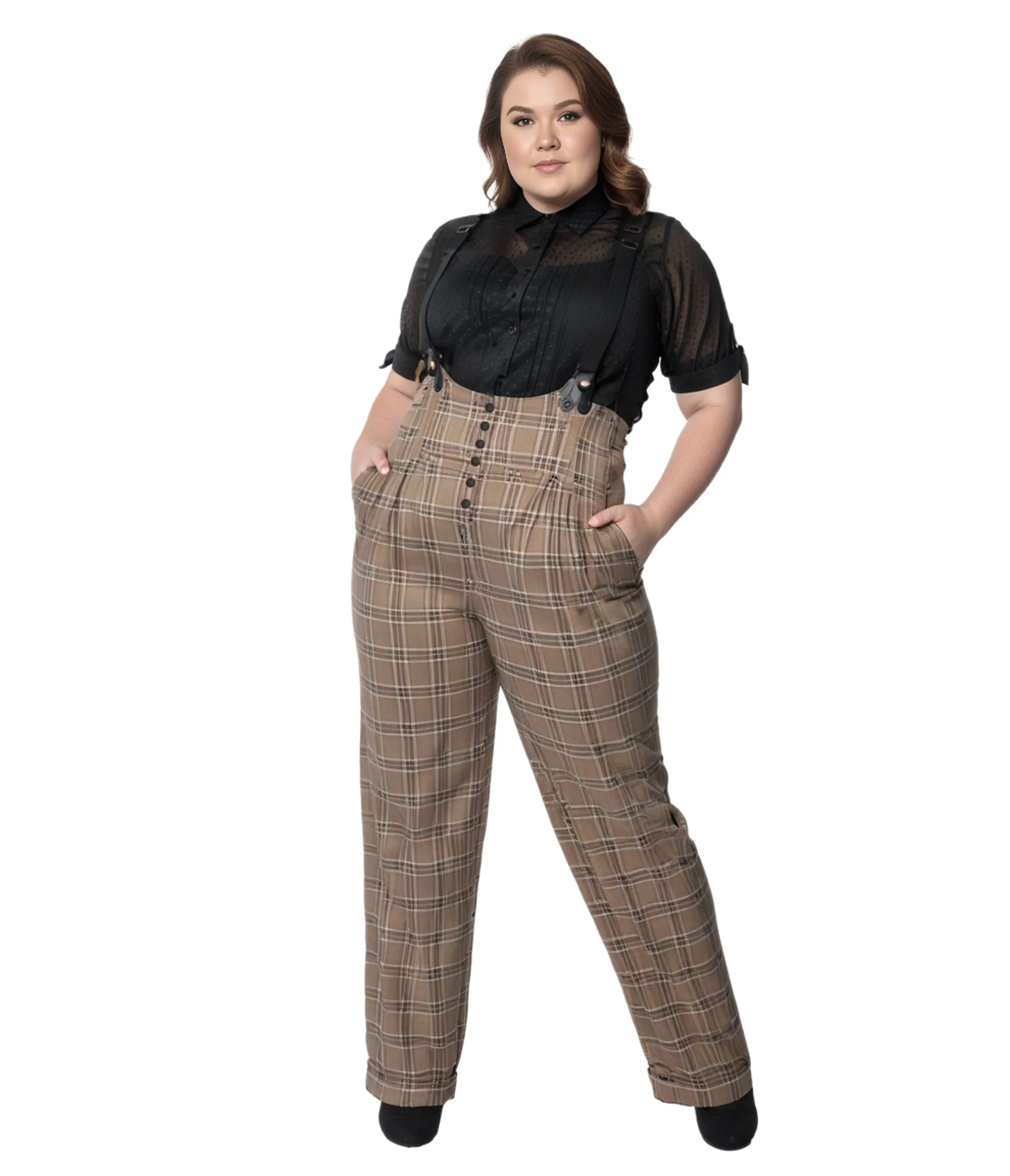 Unique Vintage Plus Size 1930s Dark Beige Windowpane Thelma Suspender Pants sold by Unique Vintage