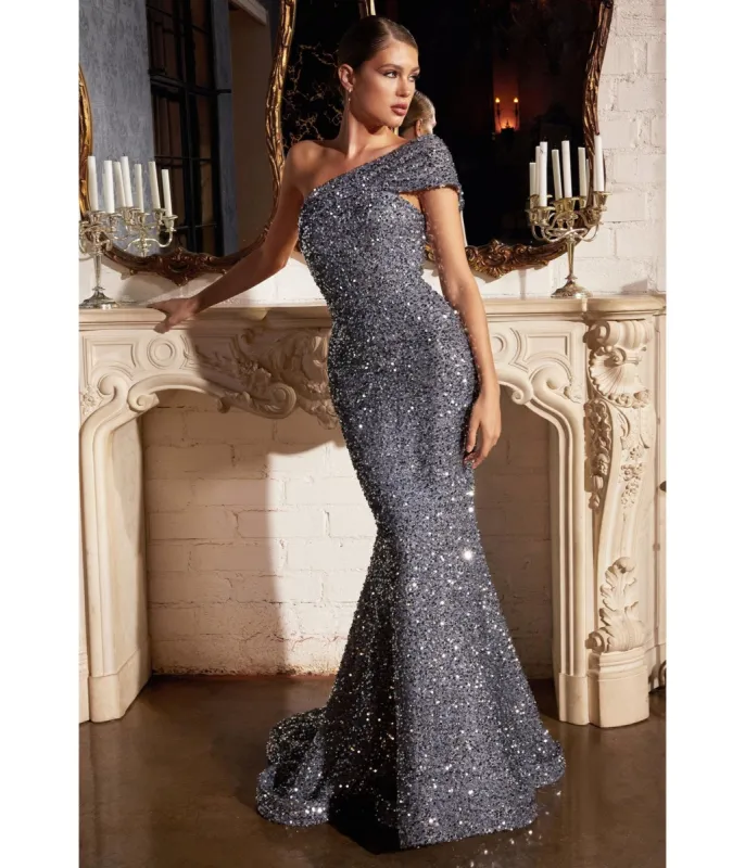 Cinderella Divine Silver Sequin One Shoulder Mermaid Prom Gown made by Unique Vintage