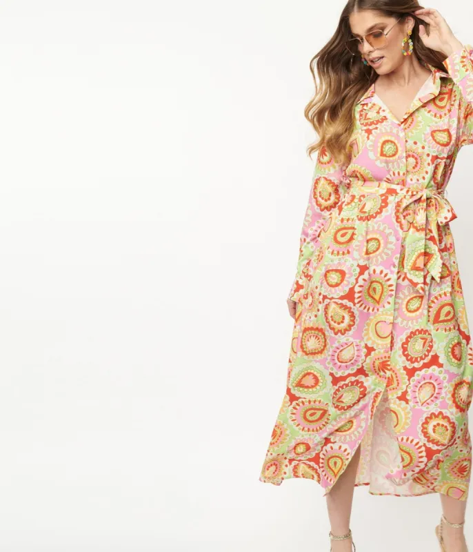 Pink & Green Paisley Print Midi Shirtdress sold by Unique Vintage