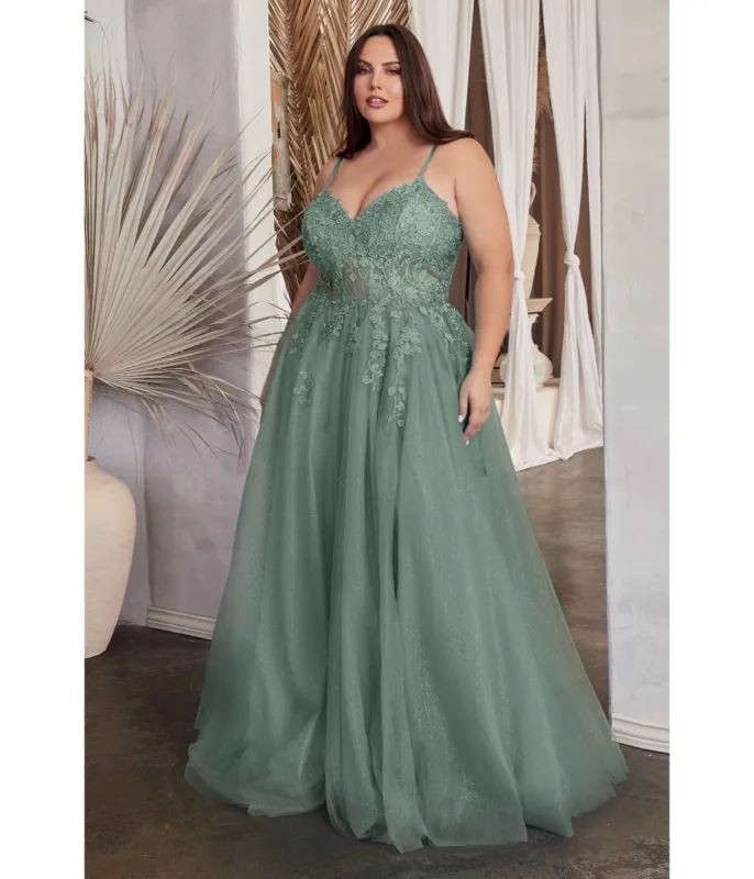Ladivine by Cinderella Divine Plus Size Dusty Teal A Line Lace & Tulle Bridesmaid Gown sold by Unique Vintage