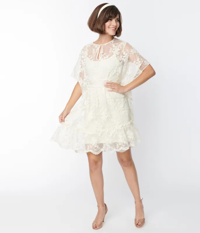 Smak Parlor 1970s Ivory Embroidered Lace Mini Caftan sold by Unique Vintage