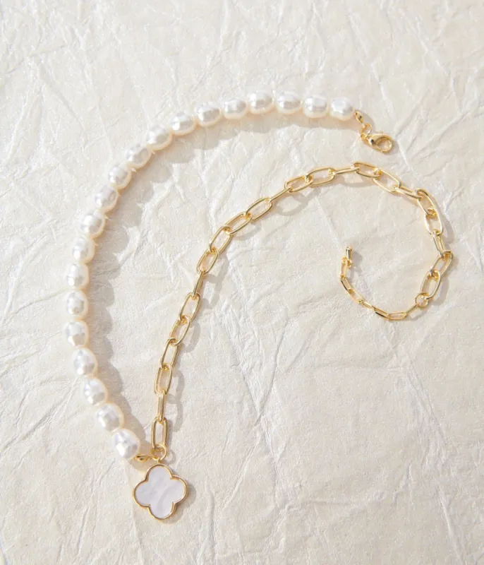 Ivory Clover Pearl & Gold Chain Link Necklace sold by Unique Vintage
