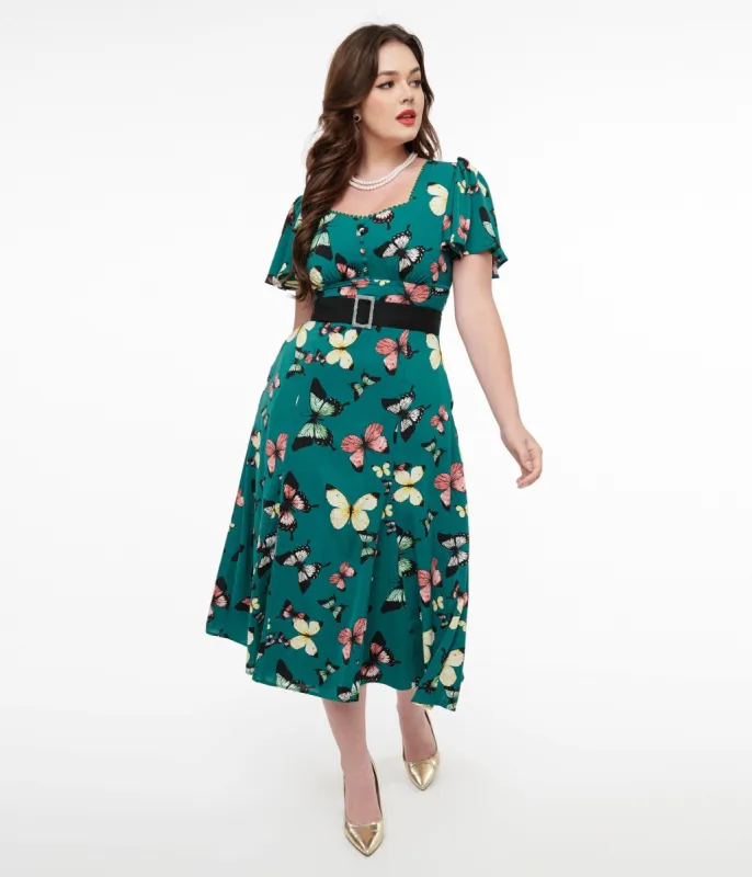 Unique Vintage 1940s Green Butterfly Print Midi Dress sold by Unique Vintage